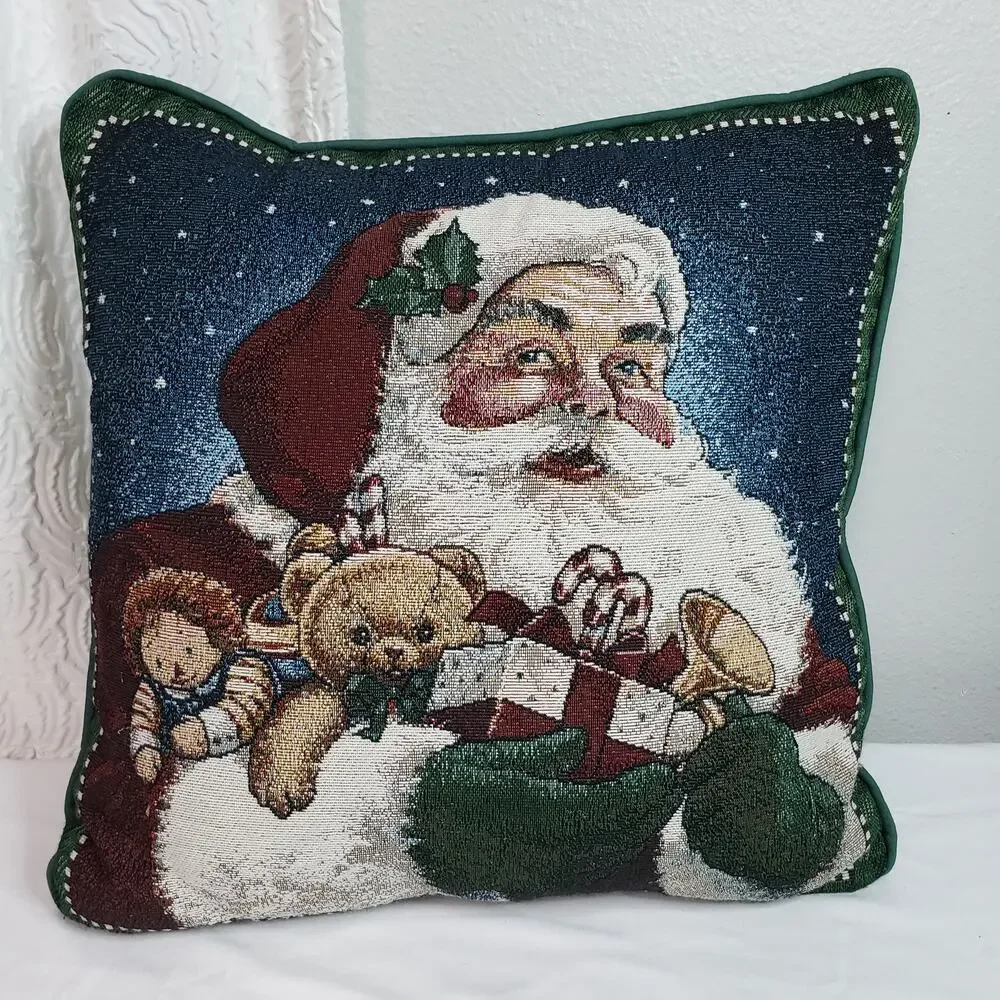 Christmas‎ Tapestry Square Throw Pillow 16x16 Needlework Santa Decor Holiday
